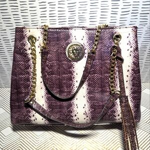 ANNE KLEIN Snake Skin White Purple Gold Accent Shoulder Bag Purse Faux Leather